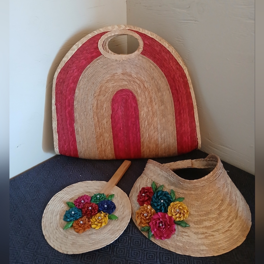 Colorful Straw Bag and Fan Set with Floral Accents ( Bag C )
